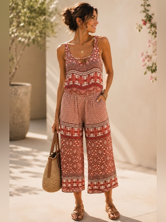 Patrons of Peace Pants - Patrons of Peace Boho Rust Paisley Wide Leg Jumpsuit Size M Cropped Palazzo Pock